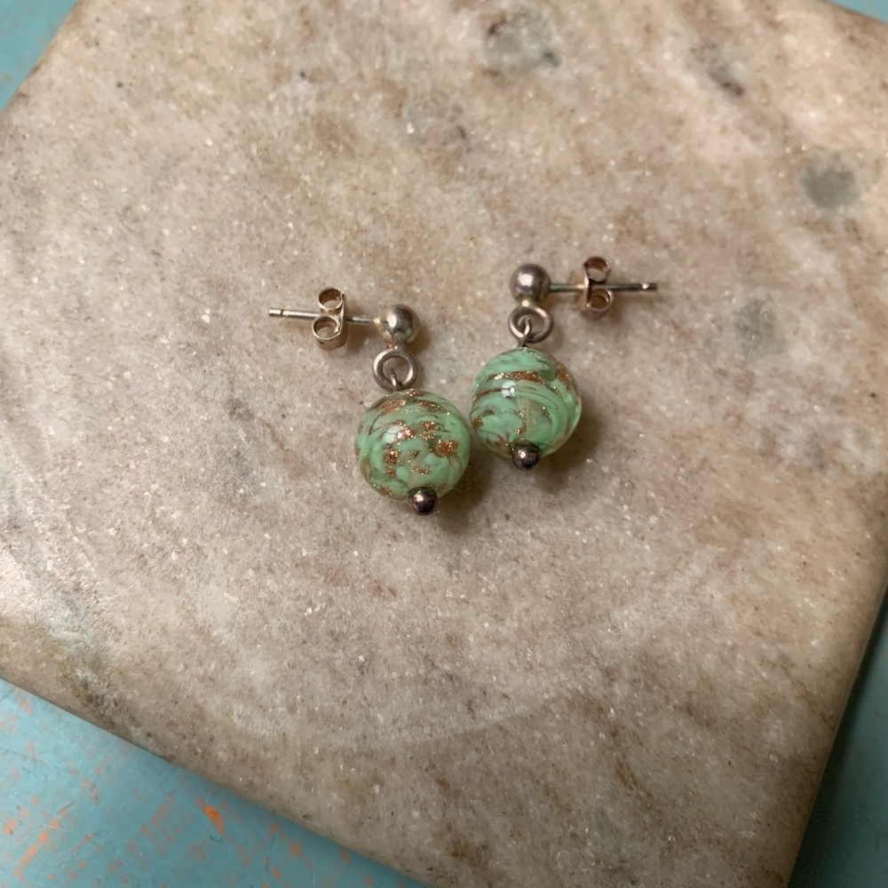Glass ball green and gold swirl earrings
